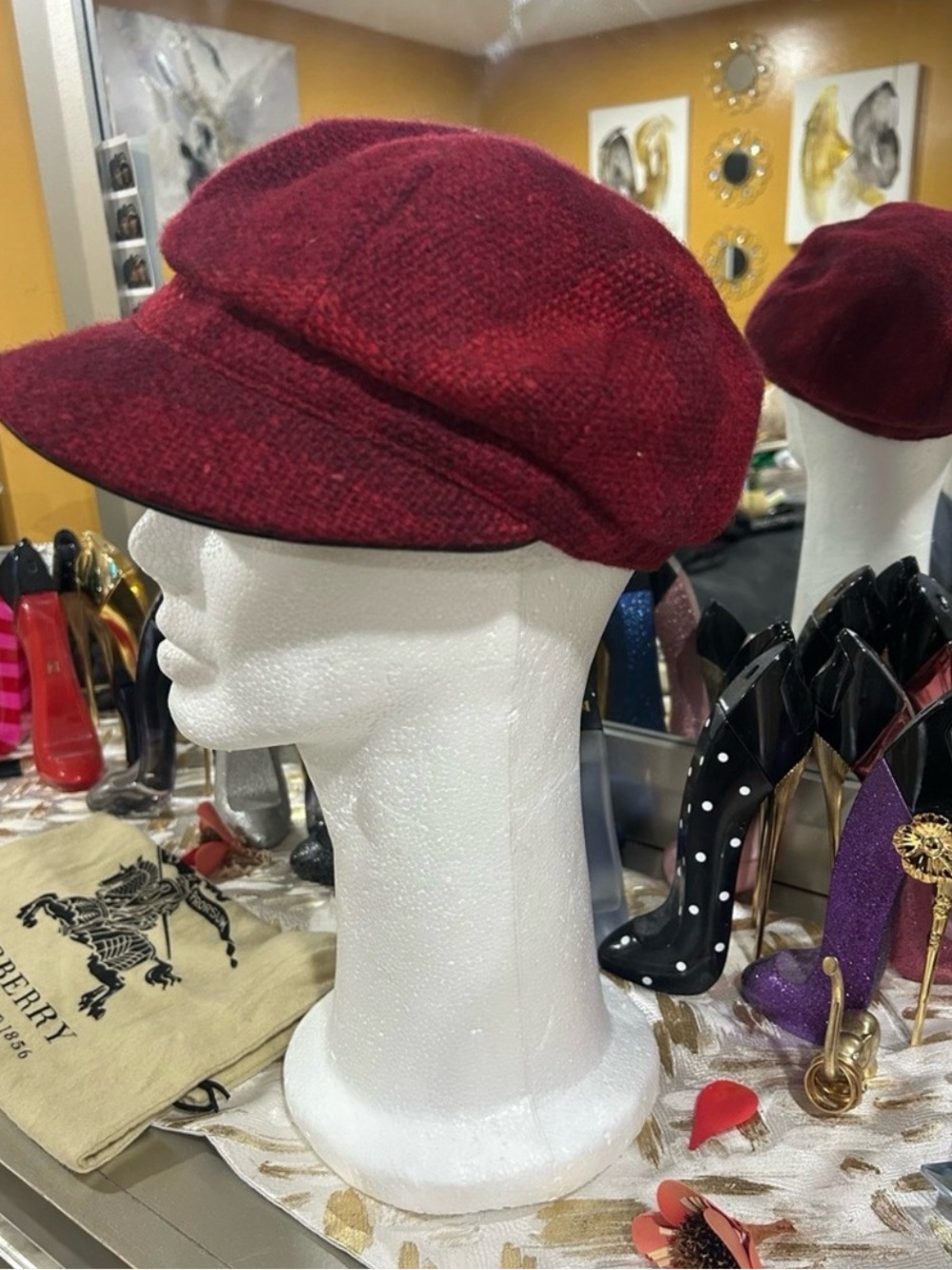Burberry Smoked Check Newsboy Cap Burgundy Red Size M NWOT